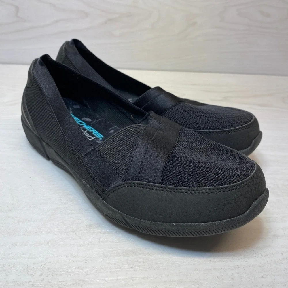 Skechers Womens 7 Slip On Flats Microburst 2.0 Black Textile Memory Foam Comfort